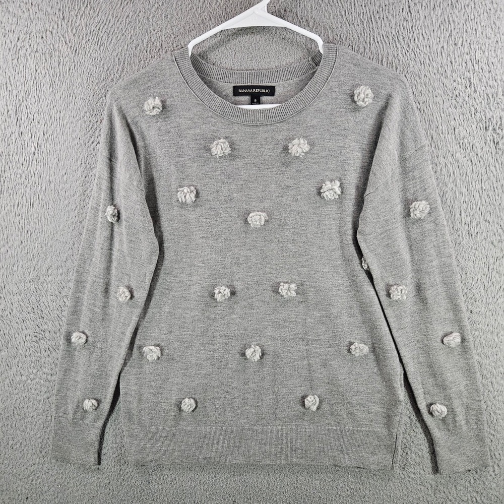 Banana Republic Gray Merino Wool Blend Pom Pom Floral Sweater Womens Small S